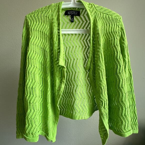 Kasper Open Knit Drape Cardigan Bright Lime Cotton Blend Green Size Medium - Picture 1 of 7